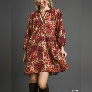 Umgee Animal Print Boho Tunic Dress with Contrast Trim sz Lg